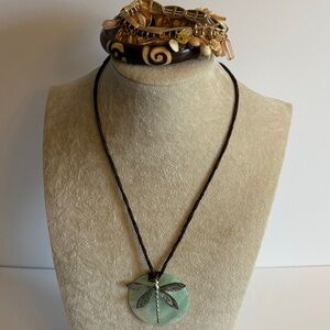 Boho Dragonfly Pendant Necklace Green Shell Disc + Bracelet Set (3 Pc)